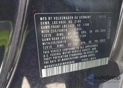 2014 Volkswagen Tiguan Sel из США, поврежденный, VIN WVGAV3AX8EW569648